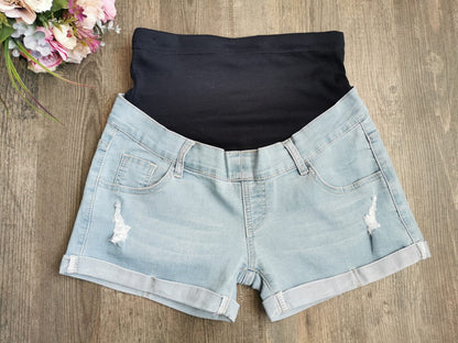 Light blue maternity shorts with rips