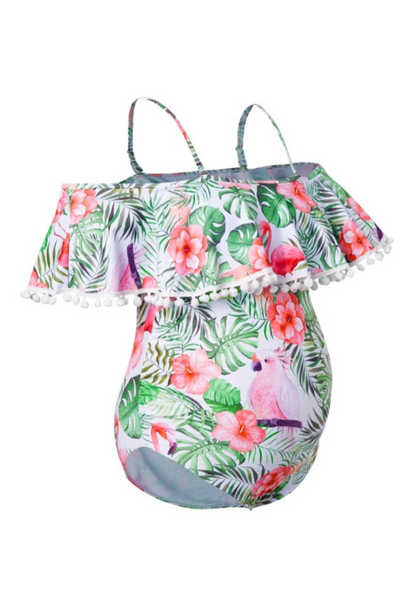 One-piece maternity swimsuit with flamingos